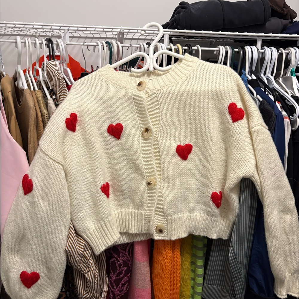 debut Cream Cardigan with Red Heart Appliqués